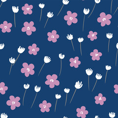 Seamless floral pattern based on traditional folk art ornaments. Colorful flowers on color background. Scandinavian style. Sweden nordic style. Vector illustration. Simple minimalistic pattern