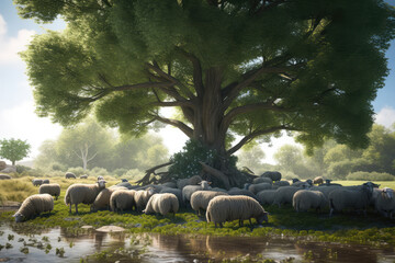 A flock of sheep under a big tree.
