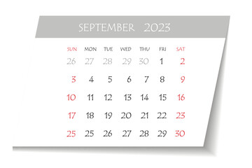 September 2023 calendar planner. Corporate week. Template layout, 12 months yearly, white background. Simple design for business brochure, flyer, print media, advertisement. Week starts from Monday
