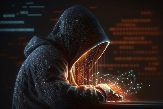 cybersecurity vulnerability hacker, coding,malware concept.Hooded computer hacker . digital world technology. Digital crime by an anonymous hacker. Generative AI