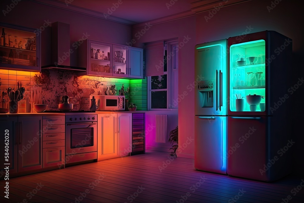 Sticker colorful kitchen, with warm lighting and modern appliances, at night, created with generative ai