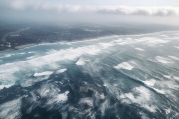 Looking at the black sea from the air with huge white waves