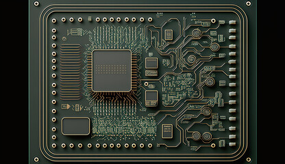 Green microchip plate from a close-up view, Generative AI