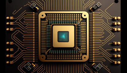 Gold microchip plate from a close-up view, Generative AI