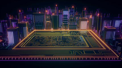Microchip plate, depicting the complexity and beauty of modern technologies, represented as vibrant cityscape at night, with colorful neon lights, Generative AI