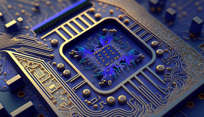 Close up view on blue microchip, Generative AI