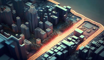 Twilight cityscape on a microchip, Generative AI