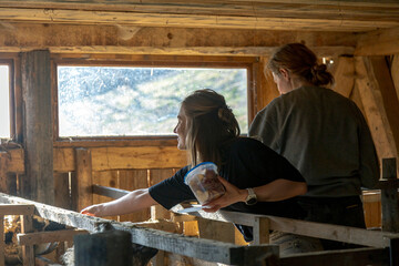 A woman with long brown hair feeds the sheep in the stable