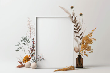 Blank picture frame mockup on white wall. White living room design. artwork mock up on wall. minimalism concept