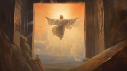 Crucifixion and Resurrection. Empty tomb of Jesus opened. Jesus flying...
