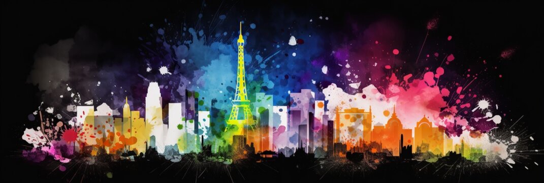 Colorful fireworks over Paris skyline panorama at night. Concept of celebration, New Year's Eve and vibrant city nightlife. Generative ai illustration banner.