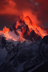 Fototapeta na wymiar At dusk, the peaks of the snow-capped mountains are dyed red by the setting sun.