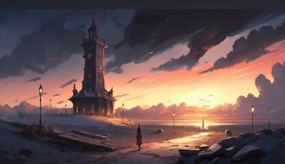 Mysterious man walking to a tower concept art. Generative ai