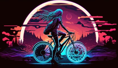 Fototapeta na wymiar 80s style of a woman riding a bicycle, synthwave, sunset. Generative ai