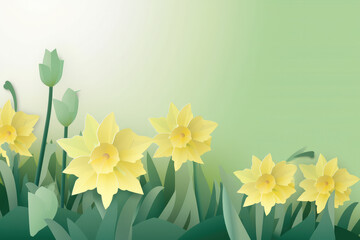 Sunlight on Easter flowers on light green gradient background.