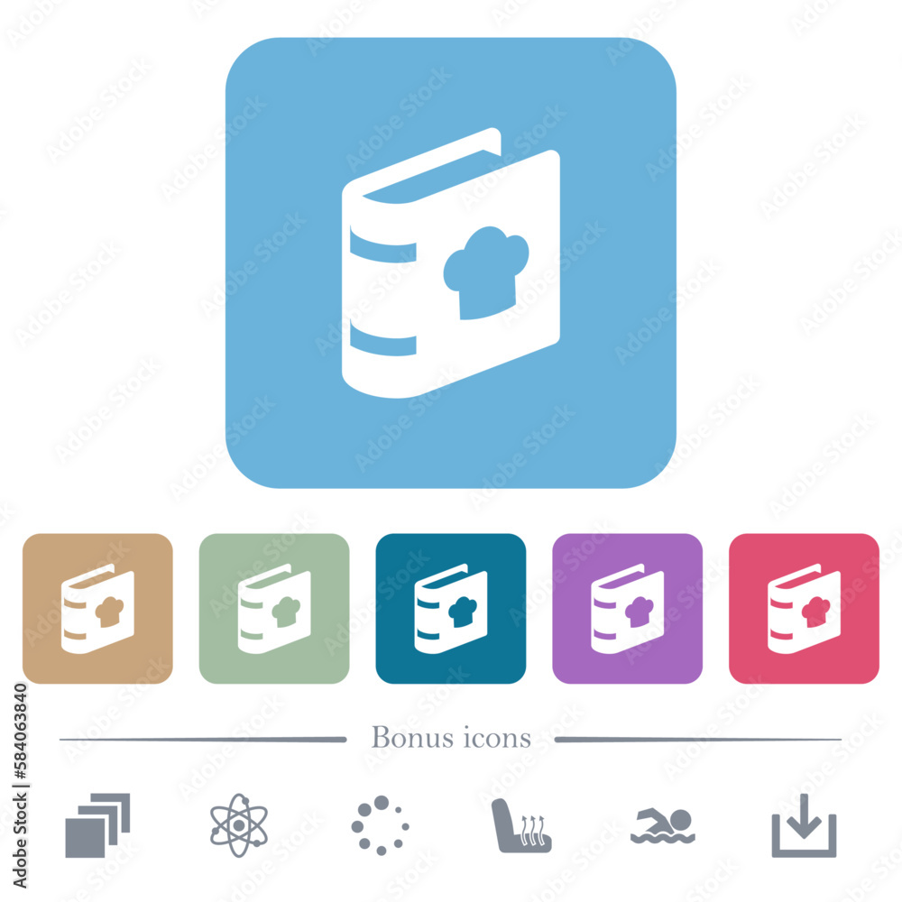 Poster cookbook with chef hat flat icons on color rounded square backgrounds
