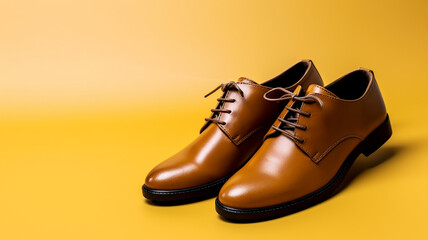 Fashionable stylish elegant brown men's shoes on a yellow background .Generative AI