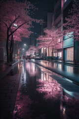 At night, the cherry blossoms are in full bloom on the street after the rain.
