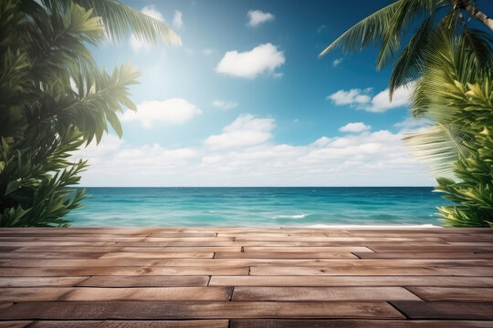 Summer tropical sea with waves, palm leaves and blue sky with clouds.