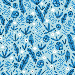 Blue jungle leaves tropical pattern - 584064428