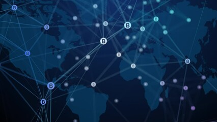 Dots with a bitcoin symbol connected by lines move chaotically on a dark blue world map background. Looped animation with money coins. Block global network connections.