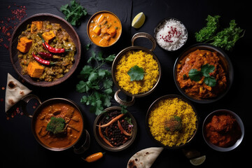 Top view of Assorted indian food on dark wooden background. 
