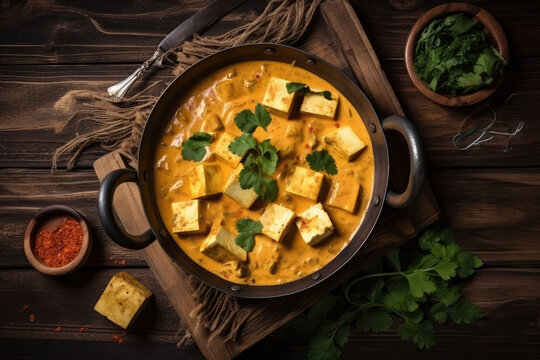 top view of Indian Mutter paneer dish with spices on the wooden background 