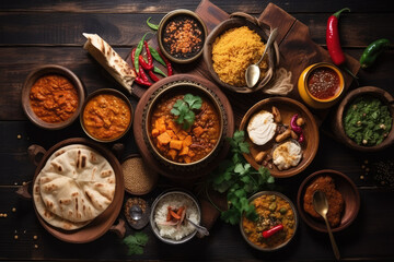 Top view of Assorted indian food on dark wooden background. 