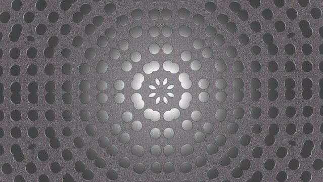 Polka dot pattern kaleidoscope, scratched metal aluminium foil texture, slow camera movement, 3d render, 4k.