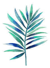 Watercolor leave isolated, blue tropical element, white background
