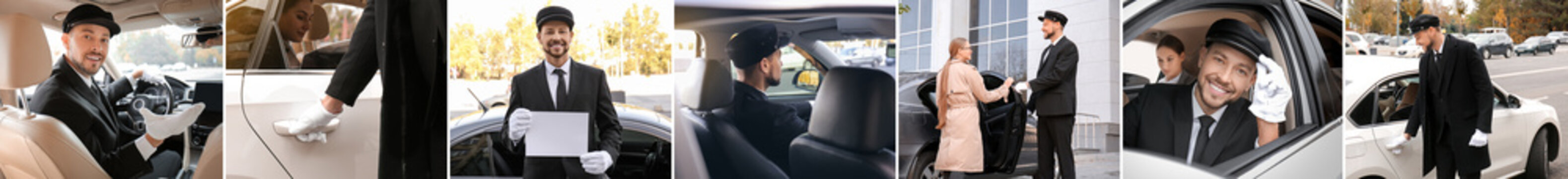 Collage of male chauffeur with luxury car and vip clients