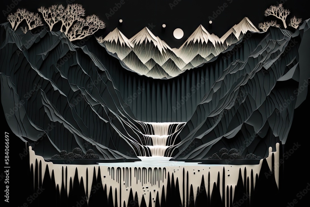 Poster majestic mountain range with cascading waterfalls, cut out of black paper, created with generative ai