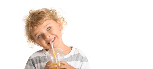 Cute little child drinking orange juice on white background with space for text