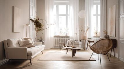 Vintage Scandinavian style living room 3d render (ai generated)