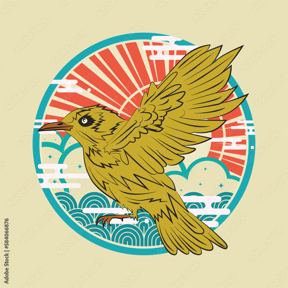 Sticker phoenix illustration with japanese style background