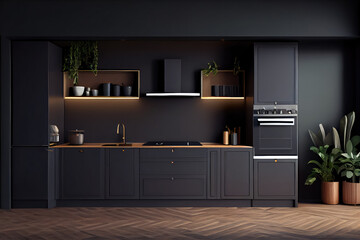 Modern kitchen in dark style.
