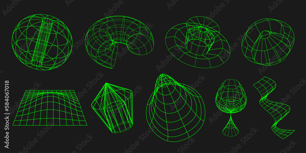 Aufkleber Y2k geometric wireframe shapes and grids in neon green. Abstract patterns, cyberpunk elements in trendy psychedelic rave style. Retro futuristic aesthetics vector illustration. EPS 10