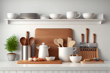 Naklejka na ściany i meble Kitchenware on white stove in modern kitchen