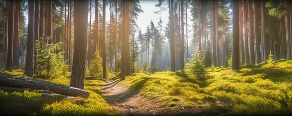 summertime scene of a pine woodland. path through the park. Banner supporting the environment and ecology. Spring and summer seasons, and a web banner of nature - Generative AI - obrazy, fototapety, plakaty