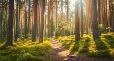 summertime scene of a pine woodland. path through the park. Banner supporting the environment and ecology. Spring and summer seasons, and a web banner of nature - Generative AI - obrazy, fototapety, plakaty