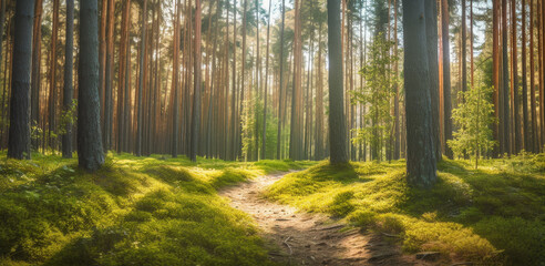 summertime scene of a pine woodland. path through the park. Banner supporting the environment and ecology. Spring and summer seasons, and a web banner of nature - Generative AI