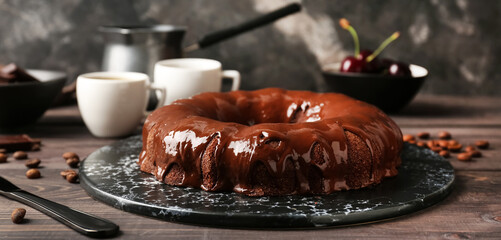 Plate with tasty chocolate cake on wooden table