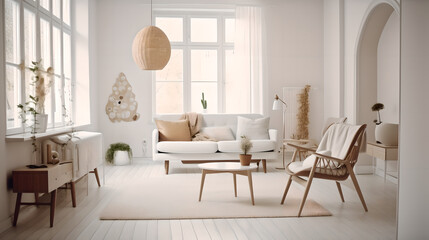 Fototapeta premium Vintage Scandinavian style living room 3d render (ai generated)