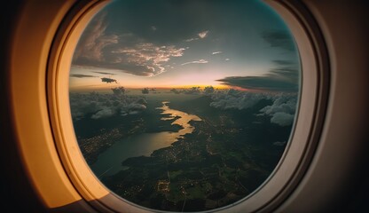 Fototapeta premium view from an airplane window, Plane, traveling view, sky and clouds from flight, private jet