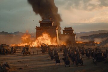 Fototapeta premium Genghis Khan and his Mongolian generals and warriors fighting under the city of Khorezm