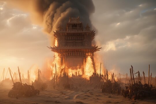 Genghis Khan and his Mongolian generals and warriors fighting under the city of Khorezm