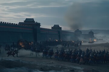 Genghis Khan and his Mongolian generals and warriors fighting under the city of Khorezm. Generative AI.