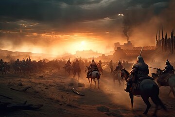 Genghis Khan and his Mongolian generals and warriors fighting under the city of Khorezm. Generative AI.