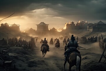 Genghis Khan and his Mongolian generals and warriors fighting under the city of Khorezm. Generative AI.