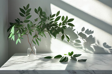 Spring sunlight in green branch of tree with shadow on white marble tile wall wood table copy space.